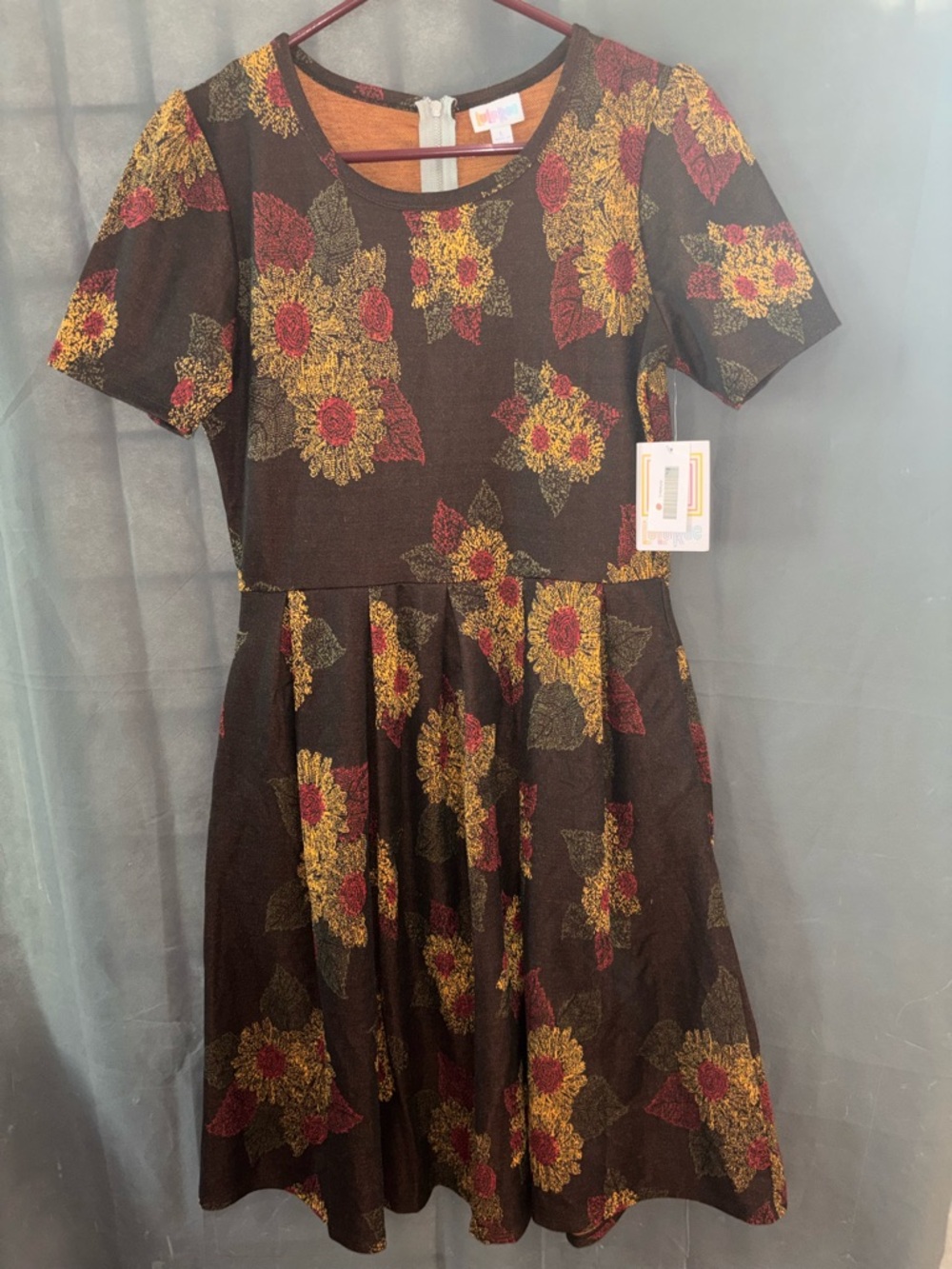 LULAROE Amelia Sunflower Dress Brown Yellow Autumn Cottagecore Womens L